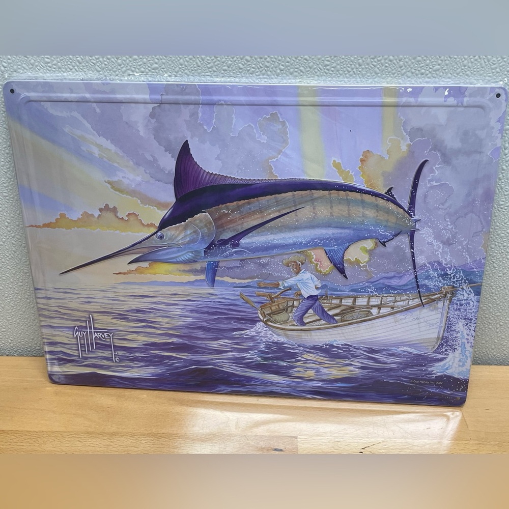 Guy Harvey Blue Marlin Old Man and the Sea Metal Sign. 12”x17”.